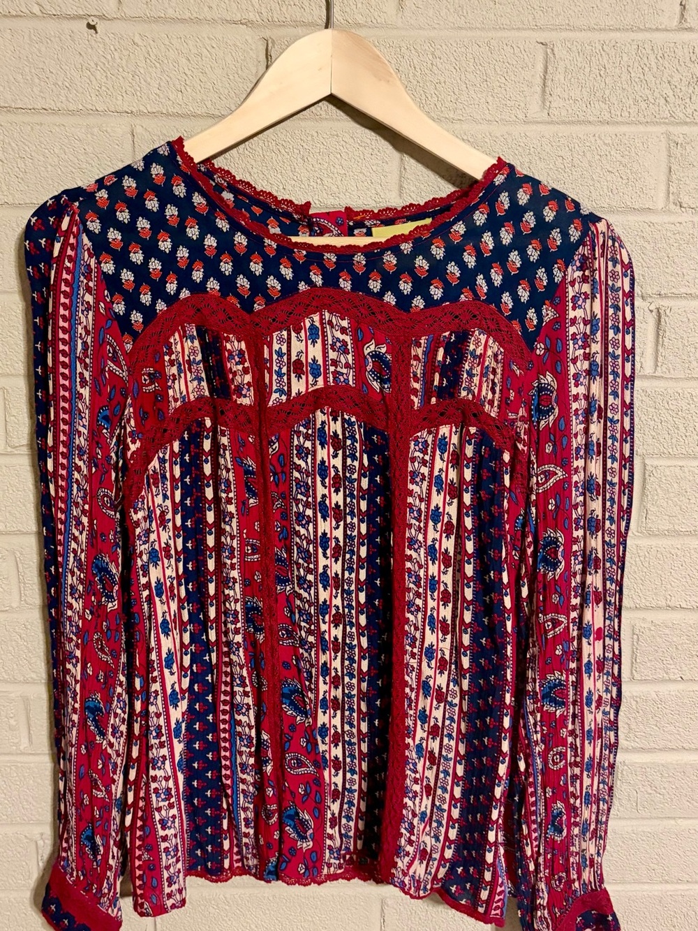 Maeve Anthropologie Gretchen Navy Red Floral Cottagecore Boho Patchwork Blouse